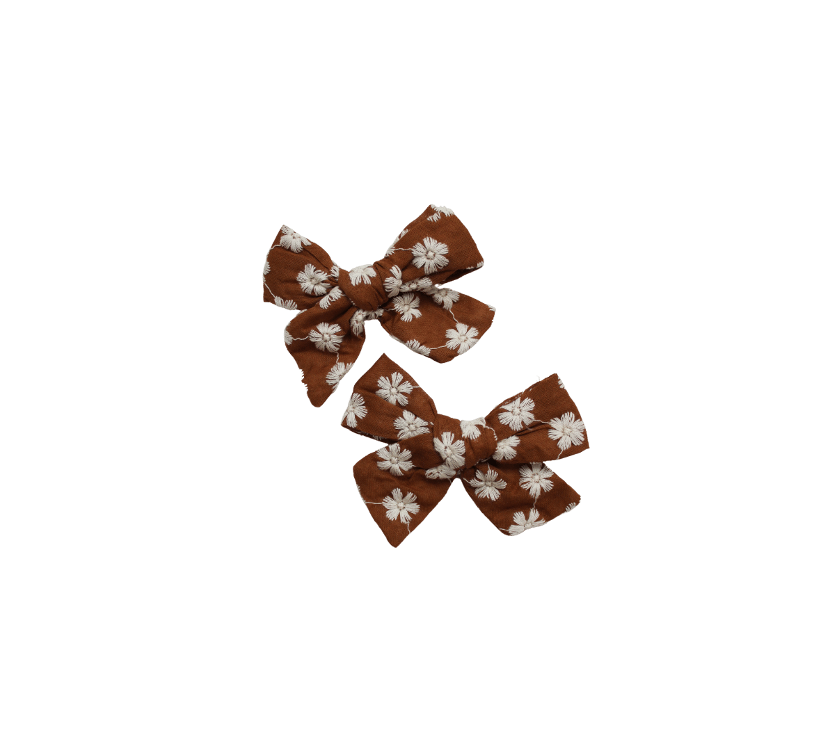 Clip Bow in Brown Embroidered Flower