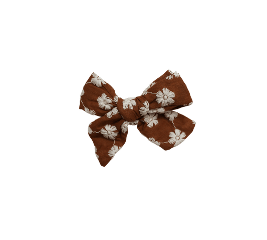 Clip Bow in Brown Embroidered Flower